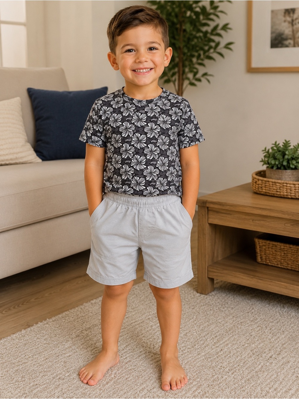 Kids Floral Tee & Light Gray Shorts Matching Set